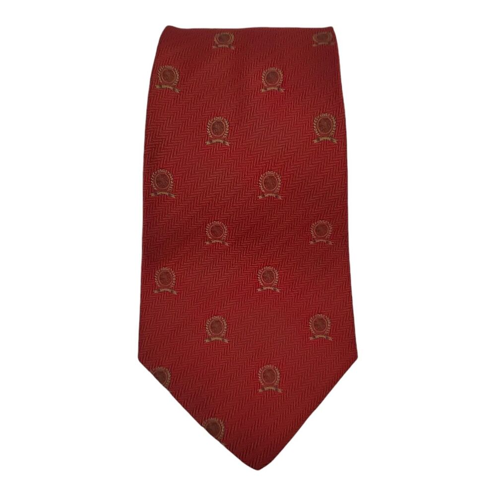 Vintage Tommy Hilfiger Mens Silk Necktie Red Lion Crest Patterned